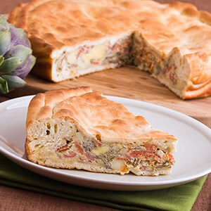 Artichoke, ham and walnut pie